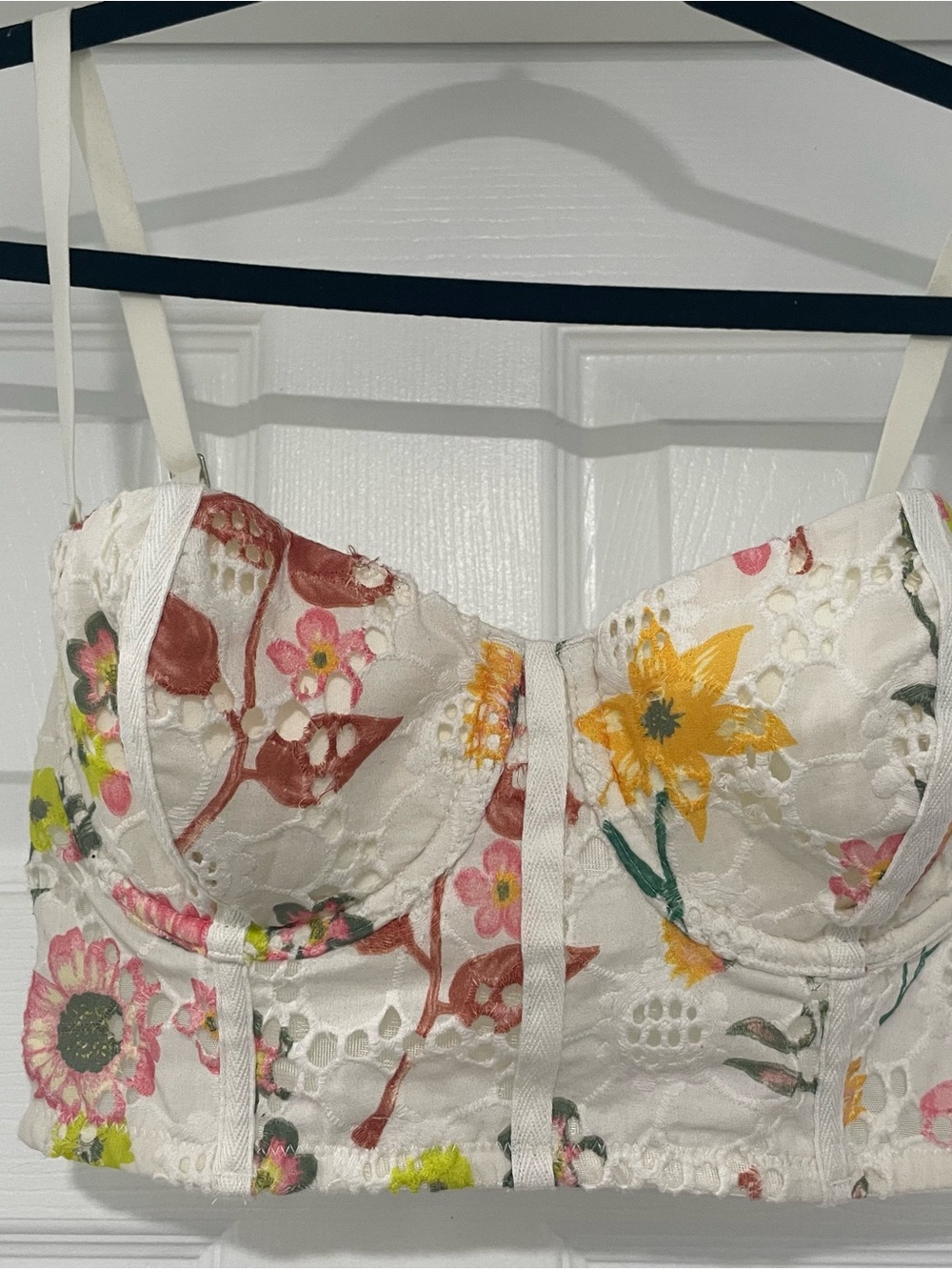Floral Eyelet Bustier Crop Top - White